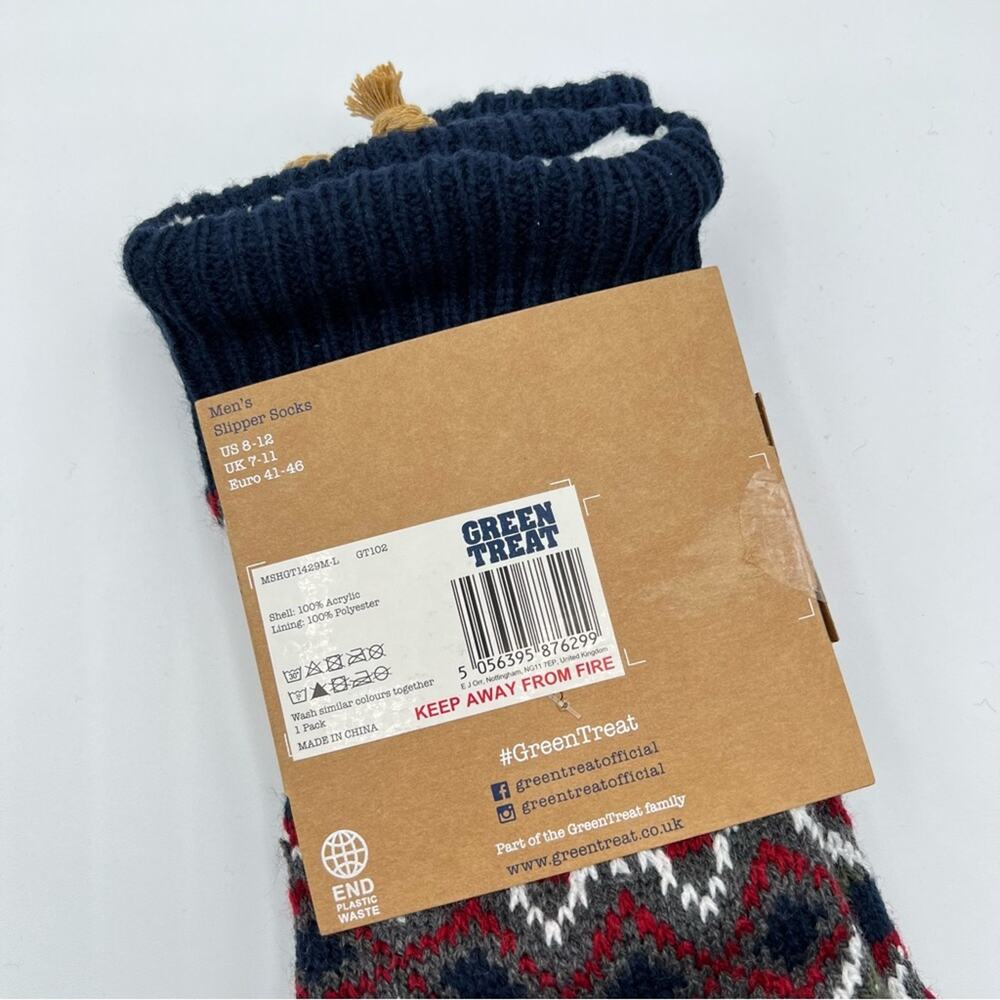 Green Treat Navy Red White Printed Slipper Socks Men’s Size 8-12 - Picture 6 of 6